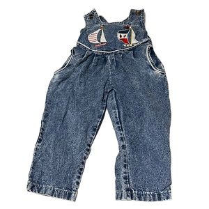 Vintage Sailboat Denim Jean Overall Bibs Girls 3T Nautical